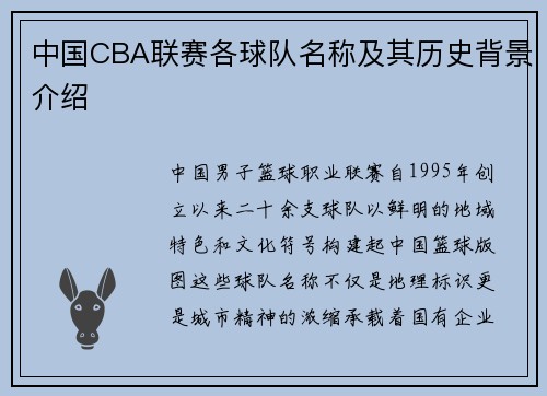 中国CBA联赛各球队名称及其历史背景介绍