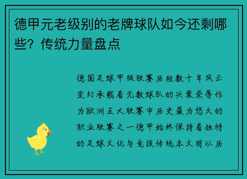 德甲元老级别的老牌球队如今还剩哪些？传统力量盘点