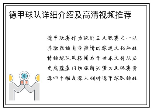 德甲球队详细介绍及高清视频推荐